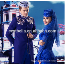 Arab 2 pièces pour islamic marring couple Manches longues Dentelle Royal Blue Costumes de mariage